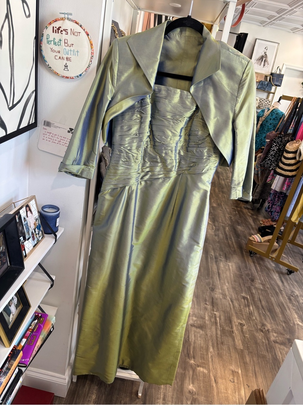 Olive Green Satin Maxi Dress with Matching Bolero and bag